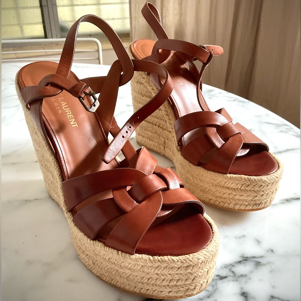 YSL Yves Saint Laurent Tribute Espadrilles Wedge in Smooth Amber Leather Size:9
